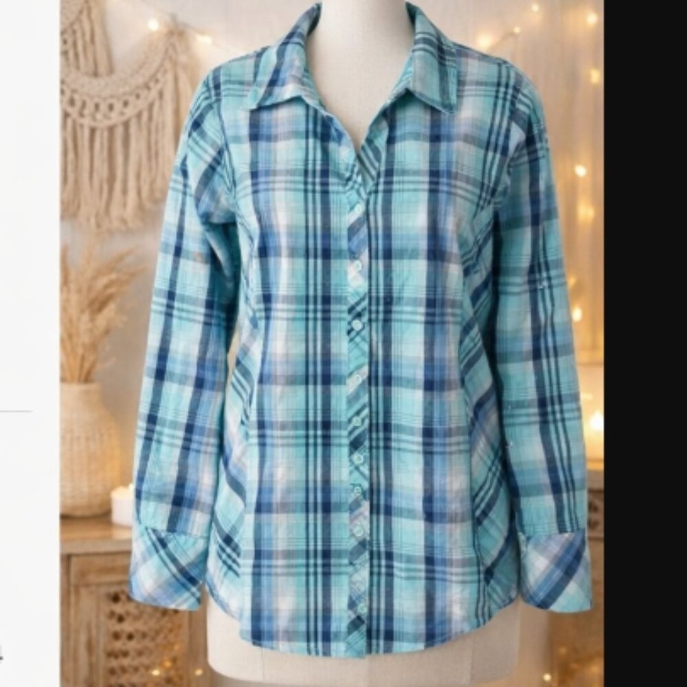 LC Waikiki Teal Plaid Button Up Shirt Top 44 (Large) Preppy Minimalist Casual